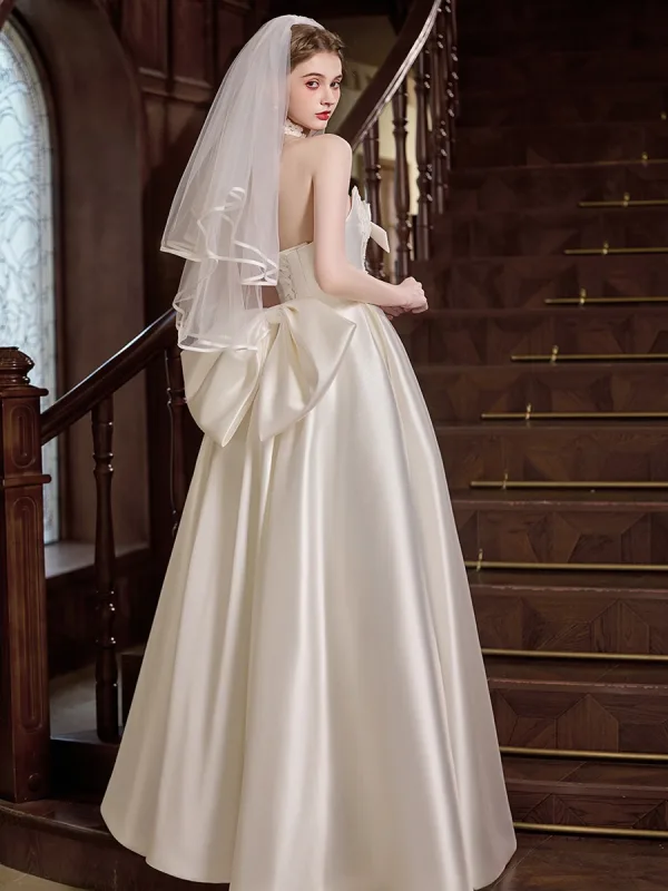 Elegant White Lace Flower Satin Wedding Dresses 2025 A-Line / Princess Strapless Sleeveless Backless Bow Floor-Length / Long