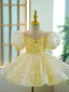 Chic / Beautiful Yellow Short Beading Sequins Birthday Flower Girl Dresses 2023 Ball Gown Scoop Neck Puffy Short Sleeve Flower Girl Dresses