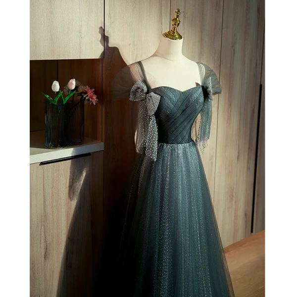 Chic / Beautiful Ink Blue Spotted Prom Dresses 2022 A-Line / Princess Off-The-Shoulder Short Sleeve Backless Sequins Bow Floor-Length / Long Formal Dresses
