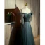 Chic / Beautiful Ink Blue Spotted Prom Dresses 2022 A-Line / Princess Off-The-Shoulder Short Sleeve Backless Sequins Bow Floor-Length / Long Formal Dresses