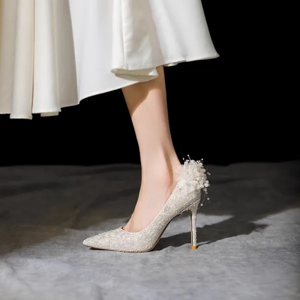 Charming Beige Appliques Pearl Sequins Wedding Shoes 2023 Leather 10 cm Stiletto Heels Pointed Toe Wedding Pumps High Heels