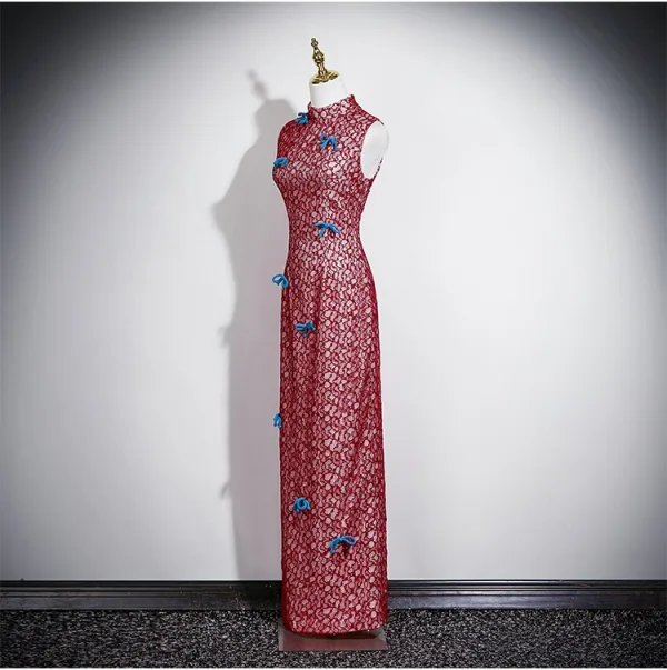 Chiński Styl Vintage Burgund Z Koronki Bal Cheongsam 2025 Syrena / Rozkloszowane Wysokiej Szyi Bez Rękawów Długie