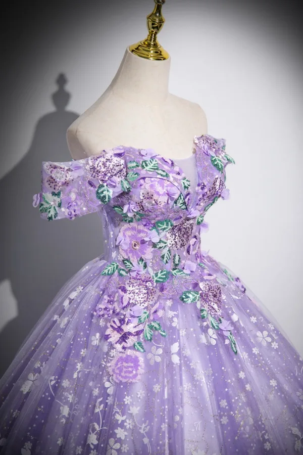 Flower Fairy Lavender Appliques Sequins Prom Dresses 2024 Ball Gown Off-The-Shoulder Short Sleeve Backless Floor-Length / Long Prom Formal Dresses
