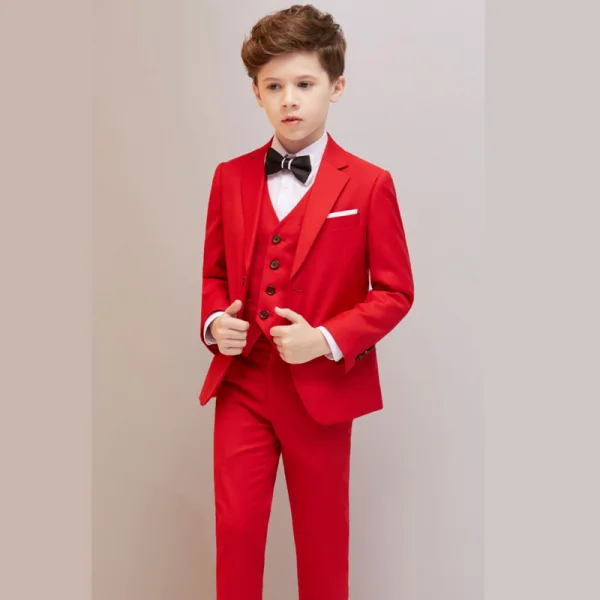 Modest / Simple Red 5-piece Long Sleeve Boys Wedding Suits 2023 Coat Pants Shirt Tie Vest Boys Wedding Suits
