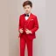 Modest / Simple Red 5-piece Long Sleeve Boys Wedding Suits 2023 Coat Pants Shirt Tie Vest Boys Wedding Suits