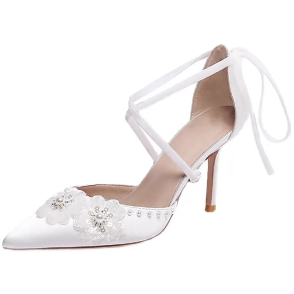 Elegant White Satin Pearl Appliques Wedding Shoes 2024 X-Strap 8 cm Stiletto Heels Pointed Toe Wedding Sandals High Heels