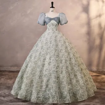 Chic Belle Gris Impression Robe De Bal 2023 Robe Boule Encolure Carrée Noeud Gonflée Manches Courtes Dos Nu Longue Promo Robe De Ceremonie