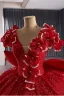 Luxury / Gorgeous Red Handmade  Beading Sequins Wedding Dresses 2025 Ball Gown V-Neck Short Sleeve Backless Bow Court Train Wedding