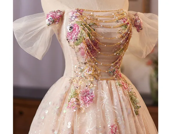 Flower Fairy Champagne Beading Sequins Pearl Lace Flower Homecoming Graduation Dresses 2025 Ball Gown Off-The-Shoulder Short Sleeve Backless Knee-Length Formal Dresses