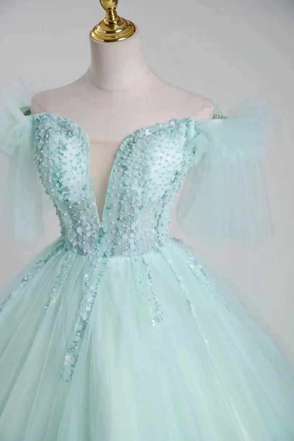 Elegant Mint Green Beading Pearl Sequins Cascading Ruffles Prom Dresses 2023 Ball Gown Off-The-Shoulder Short Sleeve Backless Floor-Length / Long Prom Formal Dresses