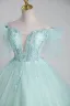 Elegant Mint Green Beading Pearl Sequins Cascading Ruffles Prom Dresses 2023 Ball Gown Off-The-Shoulder Short Sleeve Backless Floor-Length / Long Prom Formal Dresses