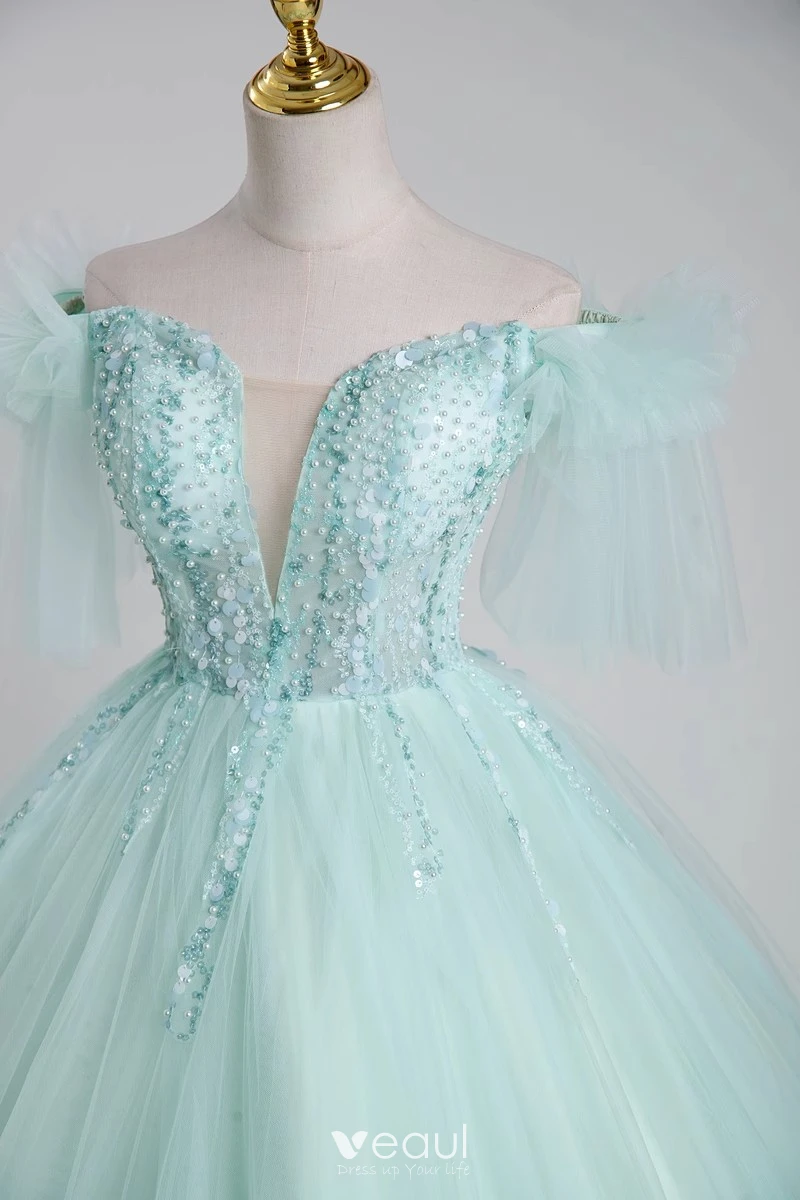 Sexy Mint Green V-Neck Beaded Prom Dress Evening Dress Backless Party Gown  cc2053