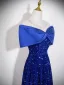 Dazzling Royal Blue Sequins Evening Dresses 2026 A-Line / Princess Off-The-Shoulder Bow Short Sleeve Backless