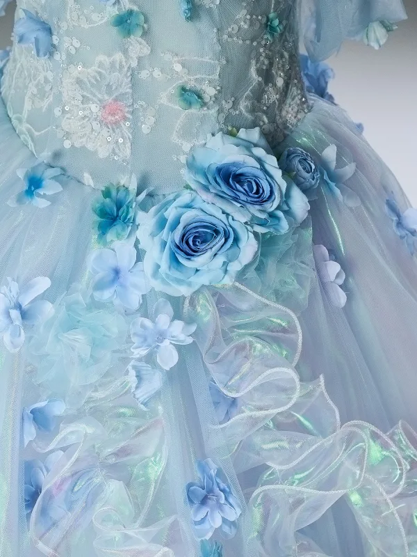 High-end Sky Blue Beading Sequins Appliques Prom Dresses 2025 Ball Gown Off-The-Shoulder Short Sleeve Backless Floor-Length / Long Formal Dresses