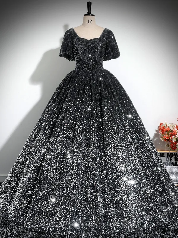 Glitzernden Schwarz Pailletten Ballkleid Ballkleider 2024 Eckiger Ausschnitt Kurze Ärmel Rückenfreies Lange Ball Festliche Kleider