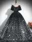 Glitzernden Schwarz Pailletten Ballkleid Ballkleider 2024 Eckiger Ausschnitt Kurze Ärmel Rückenfreies Lange Ball Festliche Kleider