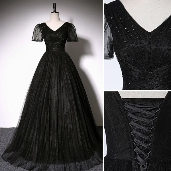 Élégant Noire Perlage Robe De Bal 2022 Princesse V-Cou Manches Courtes Dos Nu Longue Robe De Ceremonie