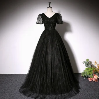 Élégant Noire Perlage Robe De Bal 2022 Princesse V Cou Manches Courtes Dos Nu Longue Robe De Ceremonie