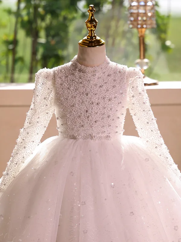 Elegant White Pearl Sequins Short Birthday Flower Girl Dresses 2025 Ball Gown High Neck Long Sleeve Backless
