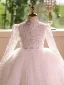 Elegant White Pearl Sequins Short Birthday Flower Girl Dresses 2025 Ball Gown High Neck Long Sleeve Backless