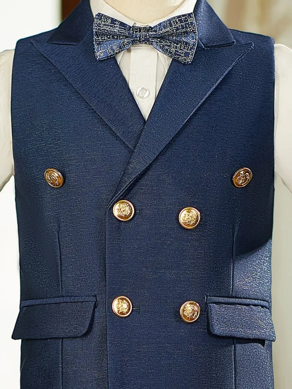 Bleu Marine 4 pièces Manches Courtes Costume Garçon Mariage 2025 Pantalon Chemise Cravate Gilet