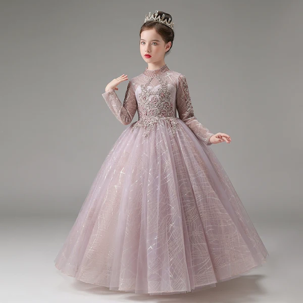 Chic / Beautiful Lavender Beading Lace Flower Sequins Birthday Flower Girl Dresses 2023 A-Line / Princess High Neck Long Sleeve Floor-Length / Long Flower Girl Dresses