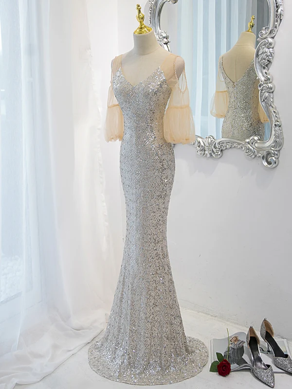 Sexy Silver Sequins Evening Dresses 2023 Trumpet / Mermaid V-Neck Short Sleeve Backless Floor-Length / Long Evening Party Formal Dresses