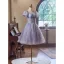 Chic / Belle Lavande Perlage Paillettes Courte de retour Robe De Graduation 2024 Princesse Encolure Carrée Gonflée Manches Courtes Dos Nu Tulle
