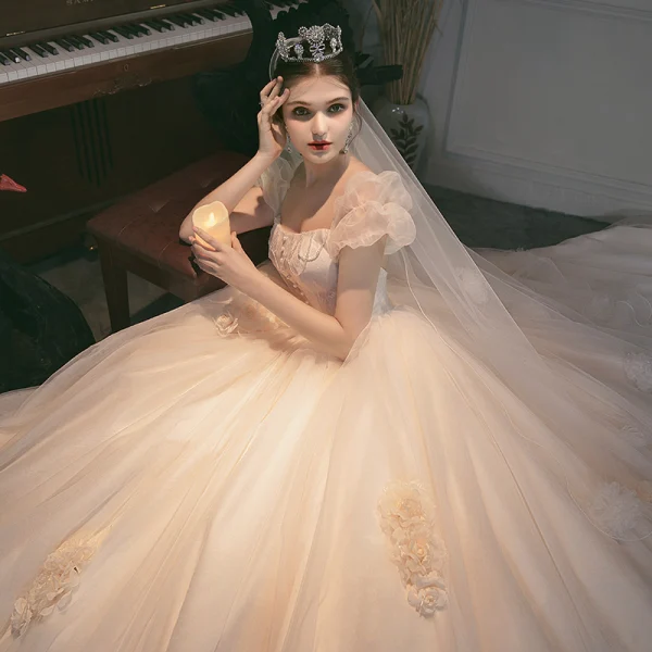 Charming Champagne Beading Pearl Appliques Wedding Dresses 2022 Ball Gown Square Neckline Puffy Short Sleeve Backless Floor-Length / Long Wedding