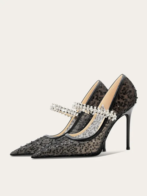 Chic / Beautiful Black Rhinestone Sequins Evening Party Pumps 2025 Tulle 10 cm Stiletto Heels Pointed Toe Pumps