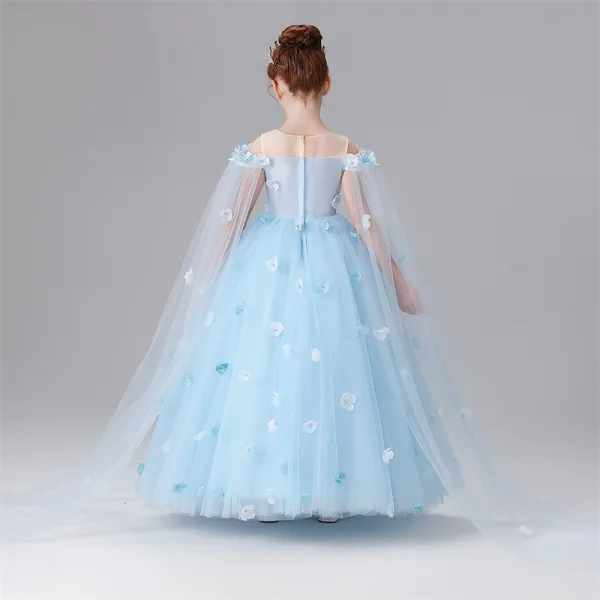 Chic / Beautiful Sky Blue Appliques Birthday Flower Girl Dresses 2025 Ball Gown Scoop Neck Short Sleeve Floor-Length / Long