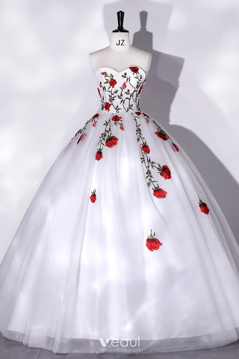 Elegant White Lace Flower Prom Dresses 2022 Ball Gown Strapless Sleeveless  Backless Floor-Length / Long Prom