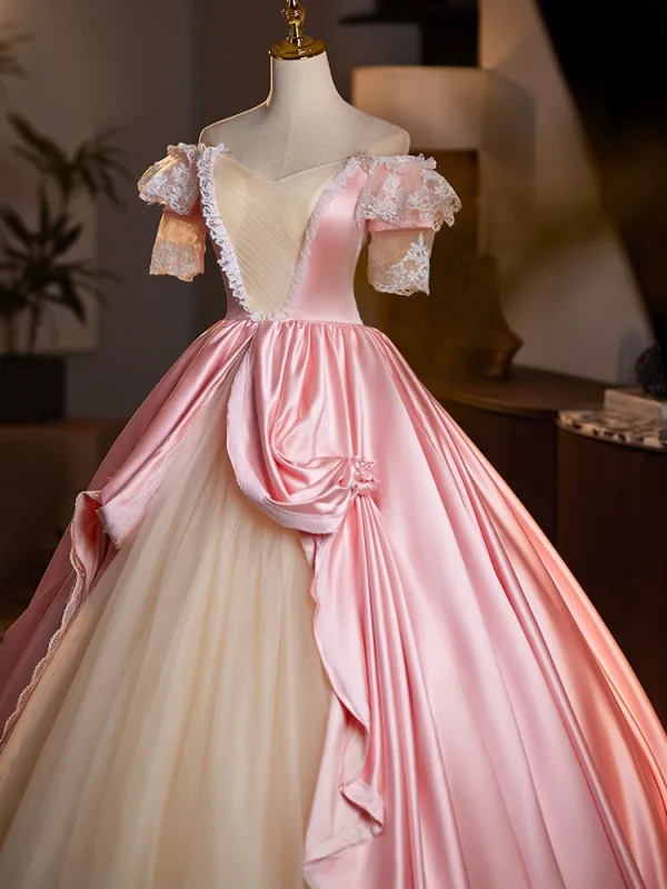 Medieval Vintage / Retro Blushing Pink Lace Flower Ball Gown Prom Dresses 2025 Off-The-Shoulder Short Sleeve Backless Floor-Length / Long Prom Formal Dresses