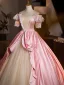 Medieval Vintage / Retro Blushing Pink Lace Flower Ball Gown Prom Dresses 2025 Off-The-Shoulder Short Sleeve Backless Floor-Length / Long Prom Formal Dresses