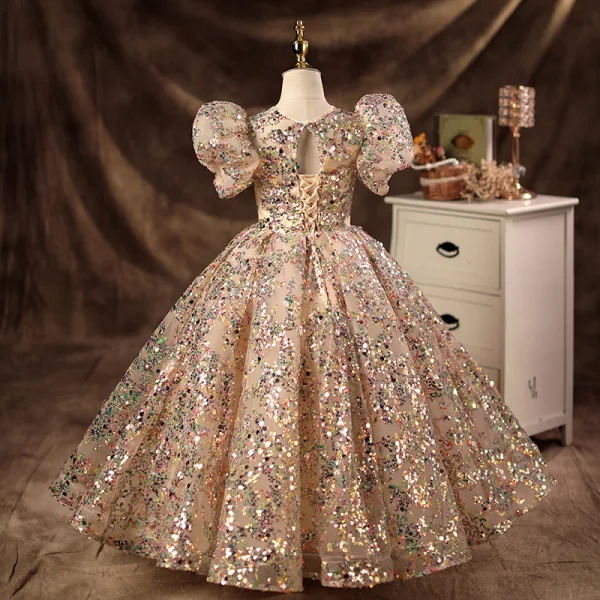Sparkly Champagne Beading Sequins Prom Flower Girl Dresses 2022 Ball Gown Scoop Neck Puffy Short Sleeve Backless Floor-Length / Long Flower Girl Dresses
