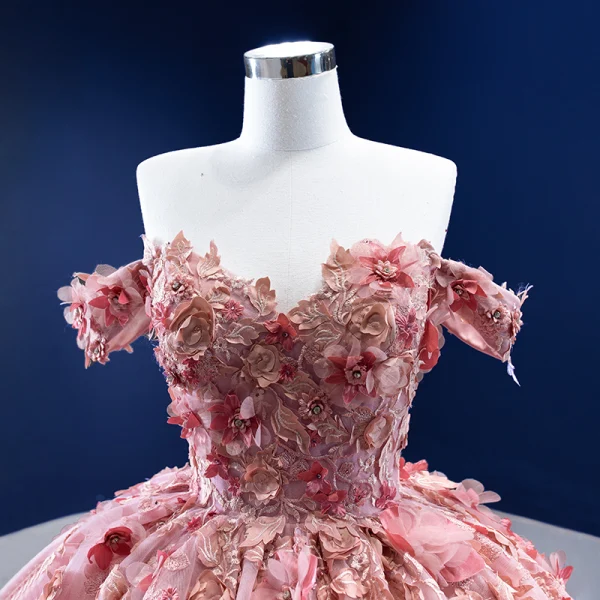 Blumenfee High End Rosa Ballkleider 2022 Ballkleid Off Shoulder Perle Spitze Blumen Applikationen Kurze Ärmel Rückenfreies Hof-Schleppe Festliche Kleider