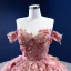 Blumenfee High End Rosa Ballkleider 2022 Ballkleid Off Shoulder Perle Spitze Blumen Applikationen Kurze Ärmel Rückenfreies Hof-Schleppe Festliche Kleider