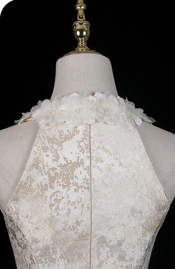 Élégant Champagne Appliques Noeud Robe De Soirée 2026 Princesse Col Haut Sans Manches Longue Soirée Robe De Ceremonie
