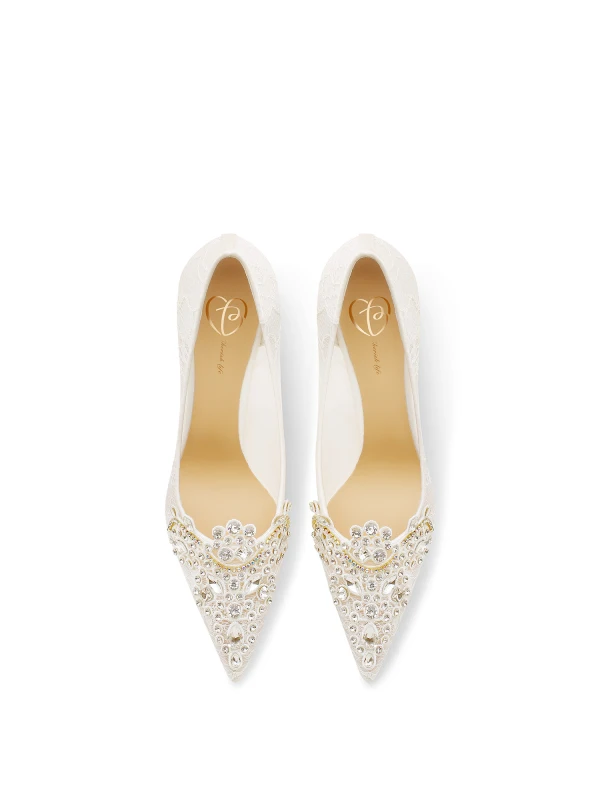Elegant White Rhinestone Lace Flat Wedding Shoes 2024 Pointed Toe Wedding Heels
