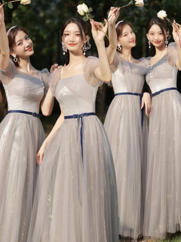 Modest / Simple Grey Bow Sash Bridesmaid Dresses 2023 A-Line / Princess Square Neckline Short Sleeve Floor-Length / Long Bridesmaid Dresses