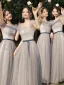 Modest / Simple Grey Bow Sash Bridesmaid Dresses 2023 A-Line / Princess Square Neckline Short Sleeve Floor-Length / Long Bridesmaid Dresses