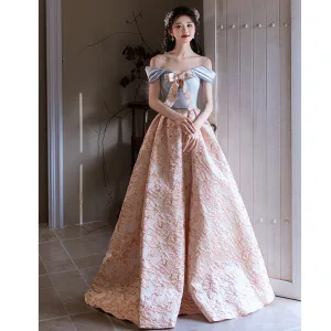 Eleganckie Rumieniąc Różowy Druk Sukienki Na Bal 2025 Princessa Przy Ramieniu Kokarda Bufiasta Kótkie Rękawy Bez Pleców Długie Bal Sukienki Wizytowe