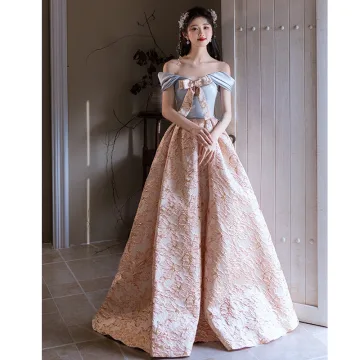 Eleganckie Rumieniąc Różowy Druk Sukienki Na Bal 2025 Princessa Przy Ramieniu Kokarda Bufiasta Kótkie Rękawy Bez Pleców Długie Bal Sukienki Wizytowe