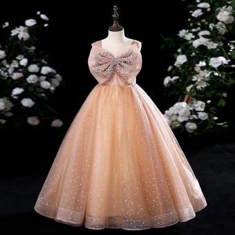 Chic Beautiful Champagne Beading Rhinestone Sequins Flower Girl Dresses 2024 Ball Gown Birthday Square Neckline Bow Sleeveless Backless Floor Length Long