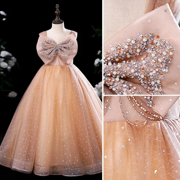 Fashion Champagne Birthday Flower Girl Dresses 2022 A-Line / Princess Square Neckline Sleeveless Backless Pearl Rhinestone Sequins Bow Floor-Length / Long Flower Girl Dresses