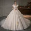Audrey Hepburn Style Champagne Pearl Lace Flower Appliques Wedding Dresses 2022 Ball Gown Square Neckline Short Sleeve Backless Royal Train Wedding