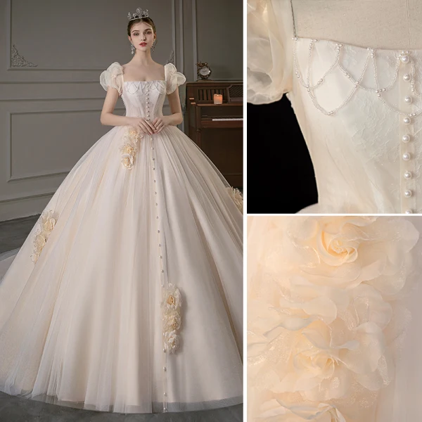 Charming Champagne Beading Pearl Appliques Wedding Dresses 2022 Ball Gown Square Neckline Puffy Short Sleeve Backless Floor-Length / Long Wedding
