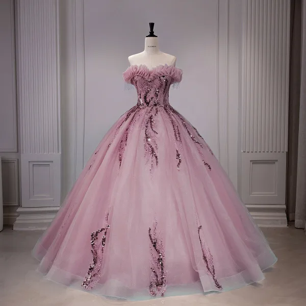 High-end Sky Blue Beading Pearl Sequins Tassel Prom Dresses 2026 Ball Gown Off-The-Shoulder Sleeveless Backless Floor-Length / Long Formal Dresses