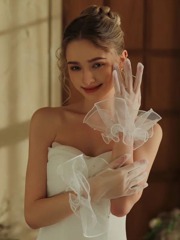 Fashion White Pearl Ruffle Wedding Bridal Gloves 2025 Tulle