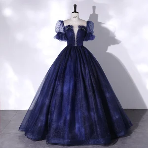 Vintage Originale Simple Bleu Marine Paillettes Robe De Bal 2022 Robe Boule Encolure Dégagée Manches Courtes Dos Nu Longue Robe De Ceremonie